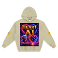 A light beige hoodie with a large, vibrant graphic on the front reading 'HEART OF THE AI' in glowing gold and neon colors, featuring a cute cartoon robot. The hoodie also has small yellow graphic patches on both sleeves, shown against a plain white background.