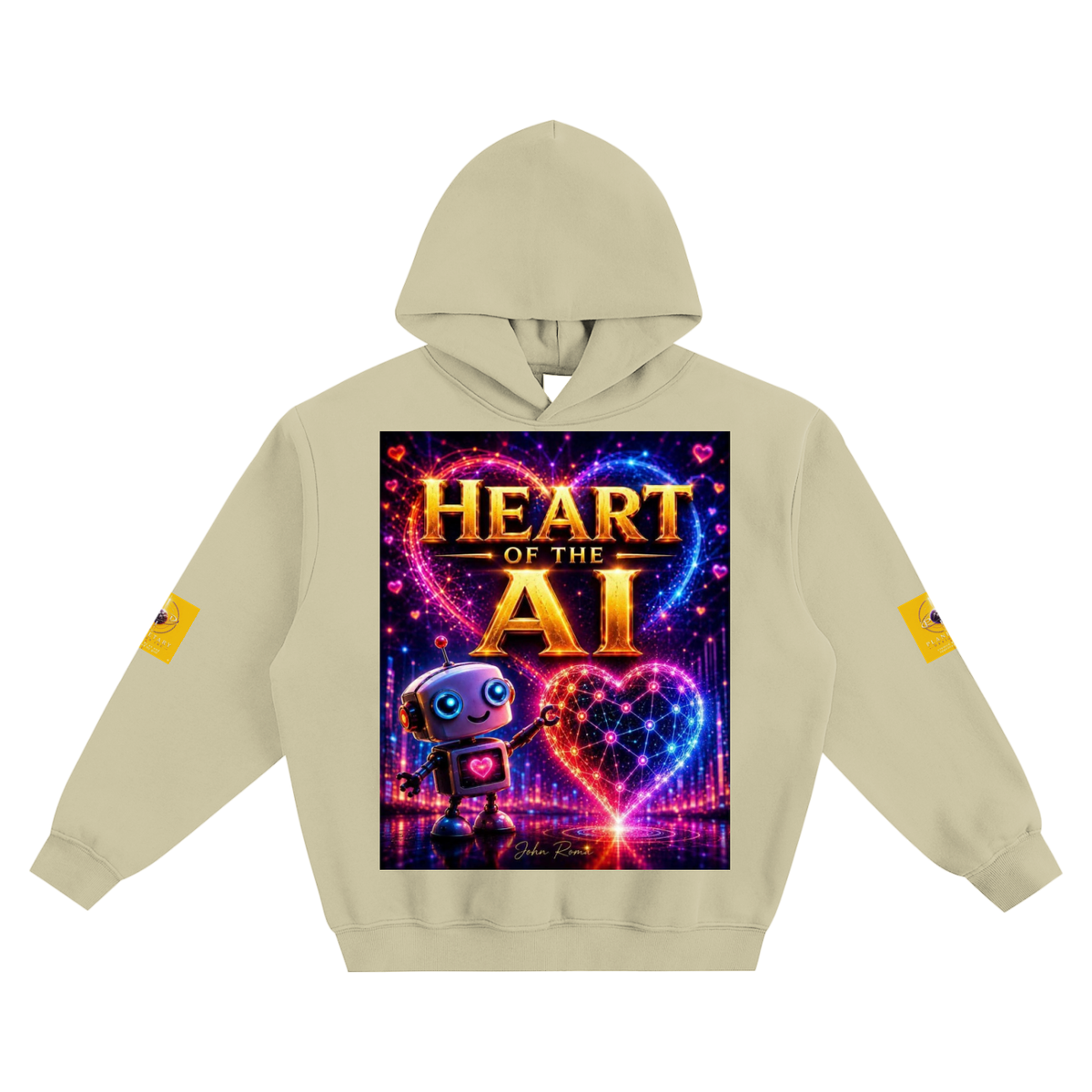 A light beige hoodie with a large, vibrant graphic on the front reading 'HEART OF THE AI' in glowing gold and neon colors, featuring a cute cartoon robot. The hoodie also has small yellow graphic patches on both sleeves, shown against a plain white background.