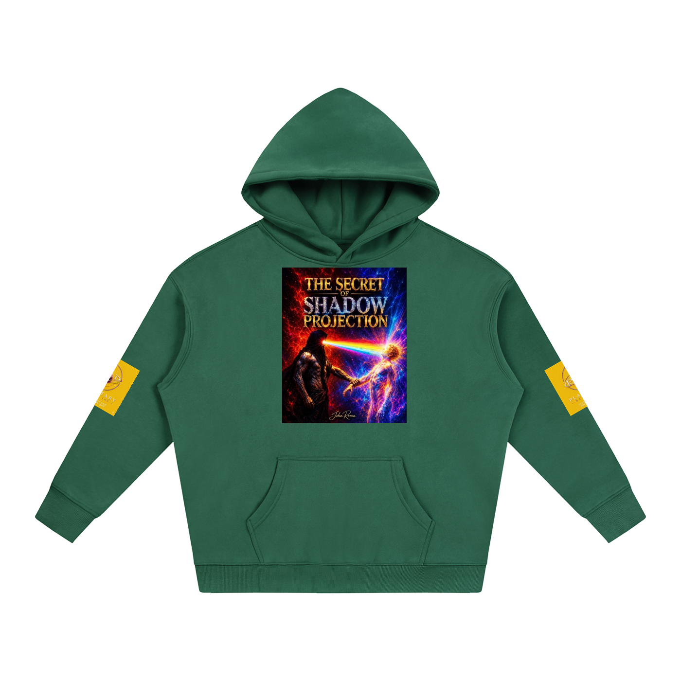A dark green pullover hoodie with a colorful graphic print on the chest reading 'THE SECRET SHADOW PROJECTION' and yellow patches on both sleeves, shown on a plain white background.