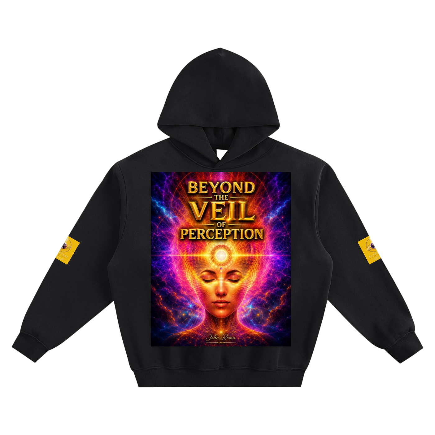 Black hoodie with a colorful graphic and text on a white background