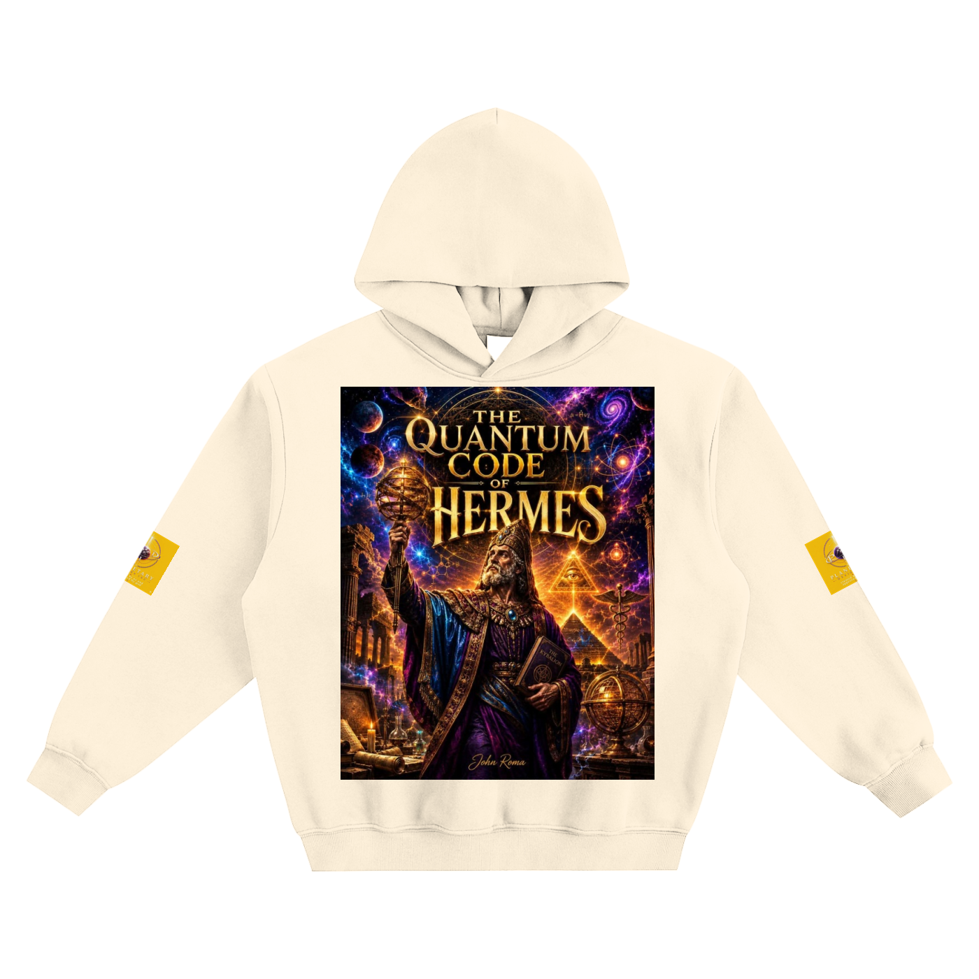 Beige hoodie with 'The Quantum Code of Hermes' graphic on a white background