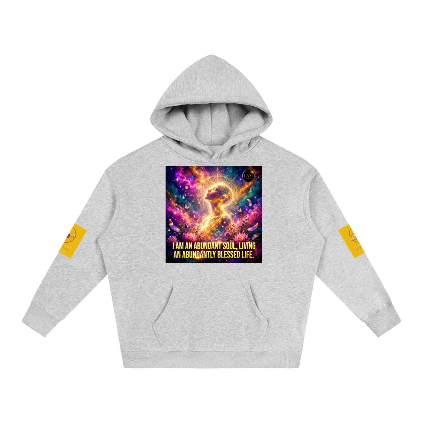 A light heather gray pullover hoodie with a colorful cosmic graphic on the chest and yellow text, shown on a plain white background. The hoodie has a kangaroo pocket and yellow graphic details on both sleeves.