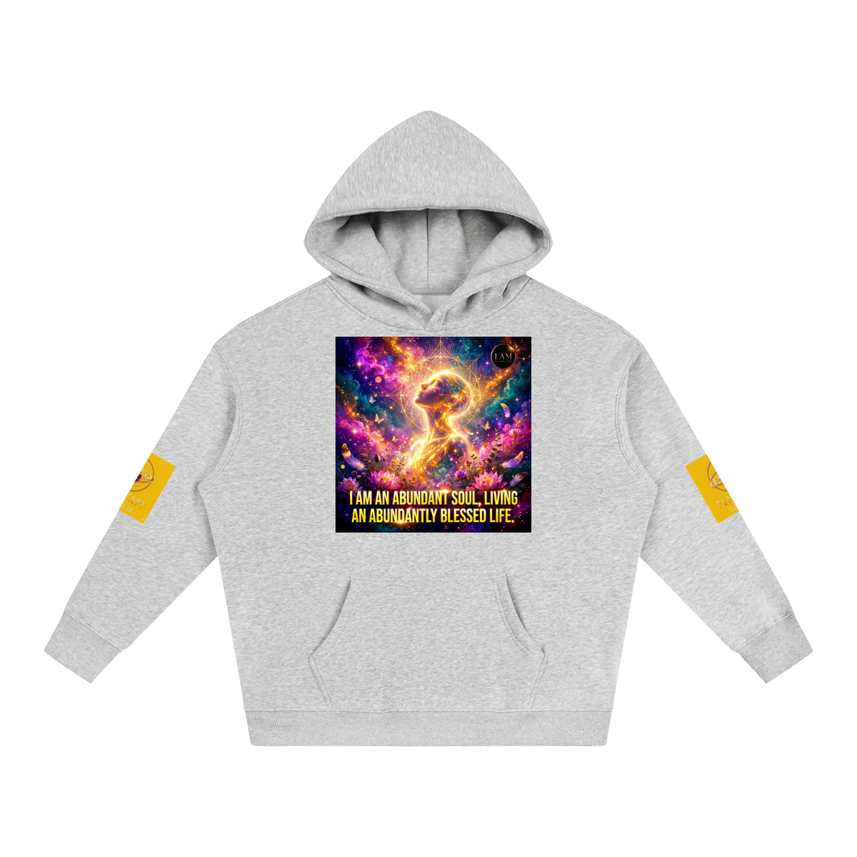 A light heather gray pullover hoodie with a colorful cosmic graphic on the chest and yellow text, shown on a plain white background. The hoodie has a kangaroo pocket and yellow graphic details on both sleeves.