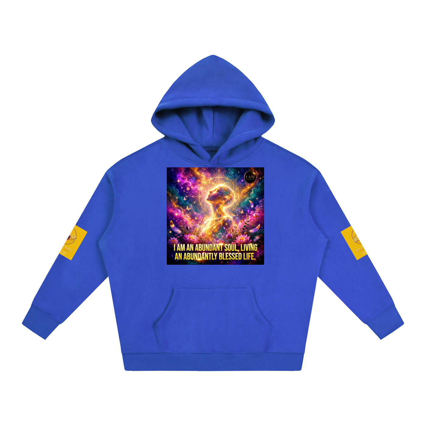 A royal blue pullover hoodie with a colorful cosmic graphic on the chest and yellow patches on both sleeves, shown against a plain white background.