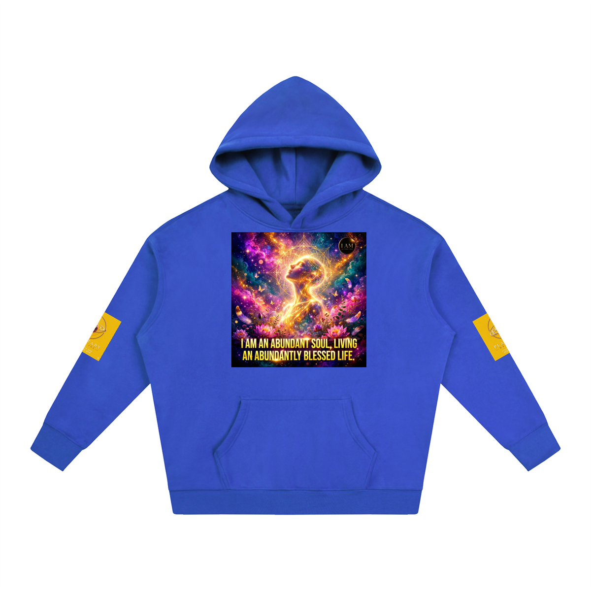 A royal blue pullover hoodie with a colorful cosmic graphic on the chest and yellow patches on both sleeves, shown against a plain white background.