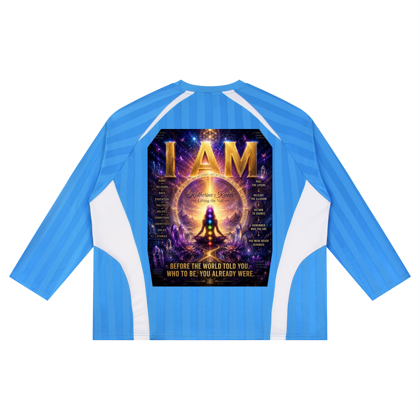 Blue and white long-sleeve shirt with a graphic design on the back
