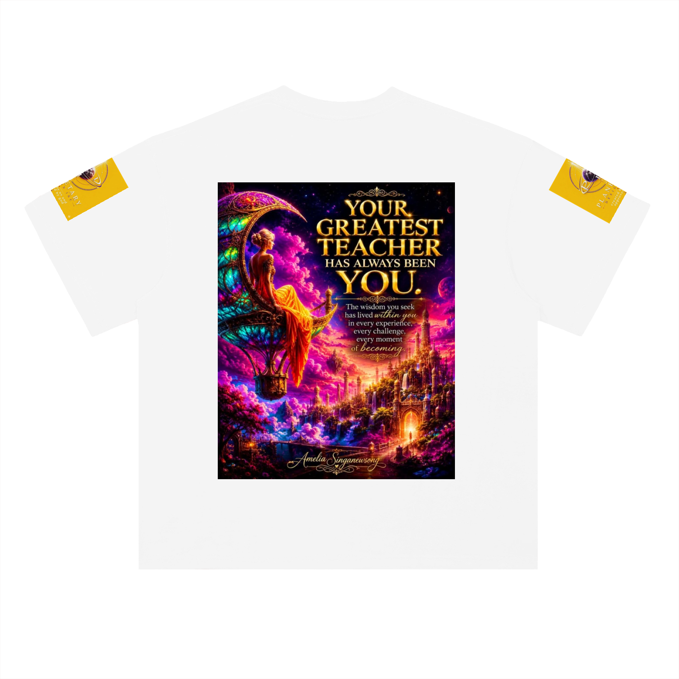 A white short-sleeve t-shirt with a large, colorful graphic print on the front. The graphic features a fantasy illustration of a woman on a crescent moon over a glowing city, with the text 'YOUR GREATEST TEACHER HAS ALWAYS BEEN YOU' in gold lettering.