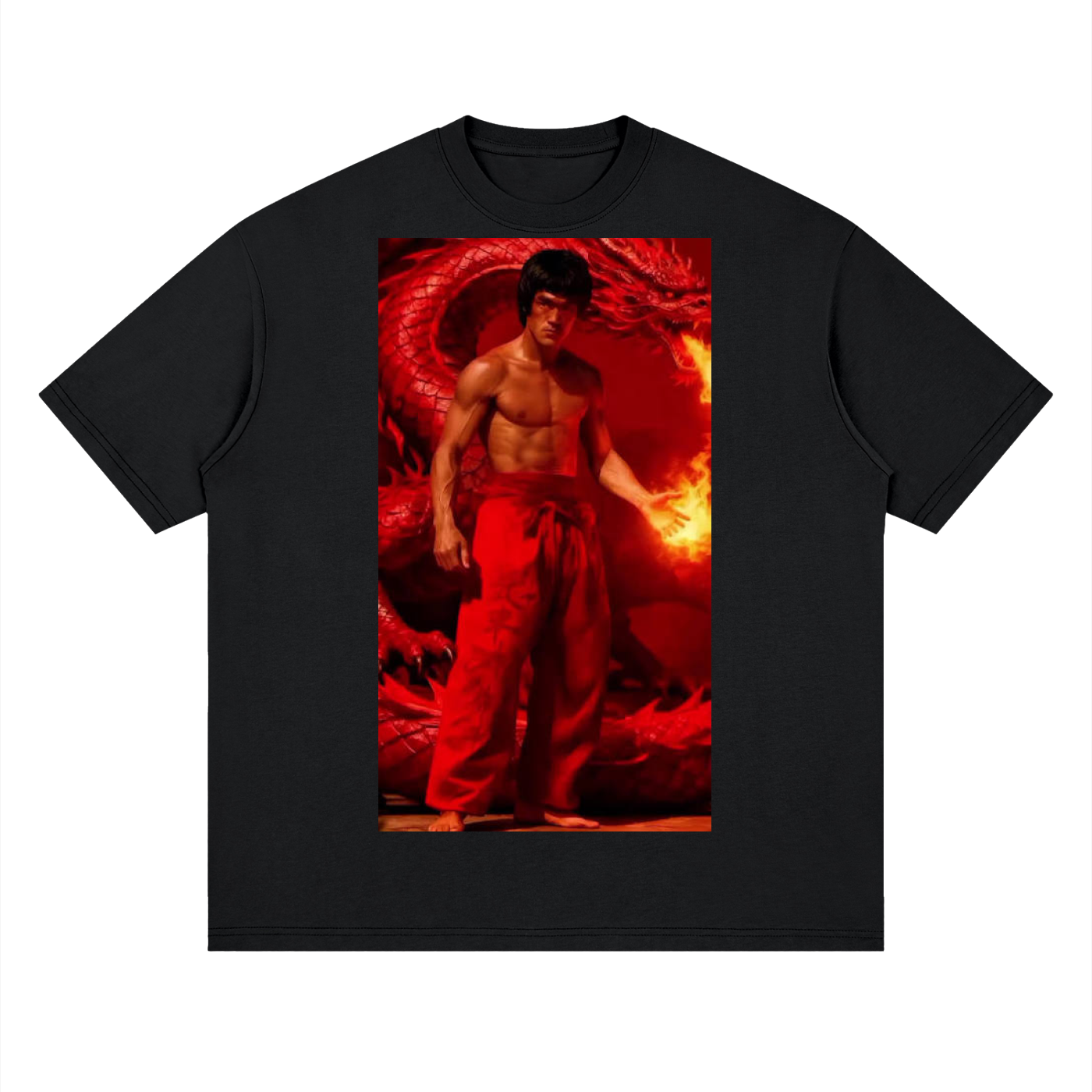 Black t-shirt with a graphic of a shirtless man in red robes on a white background