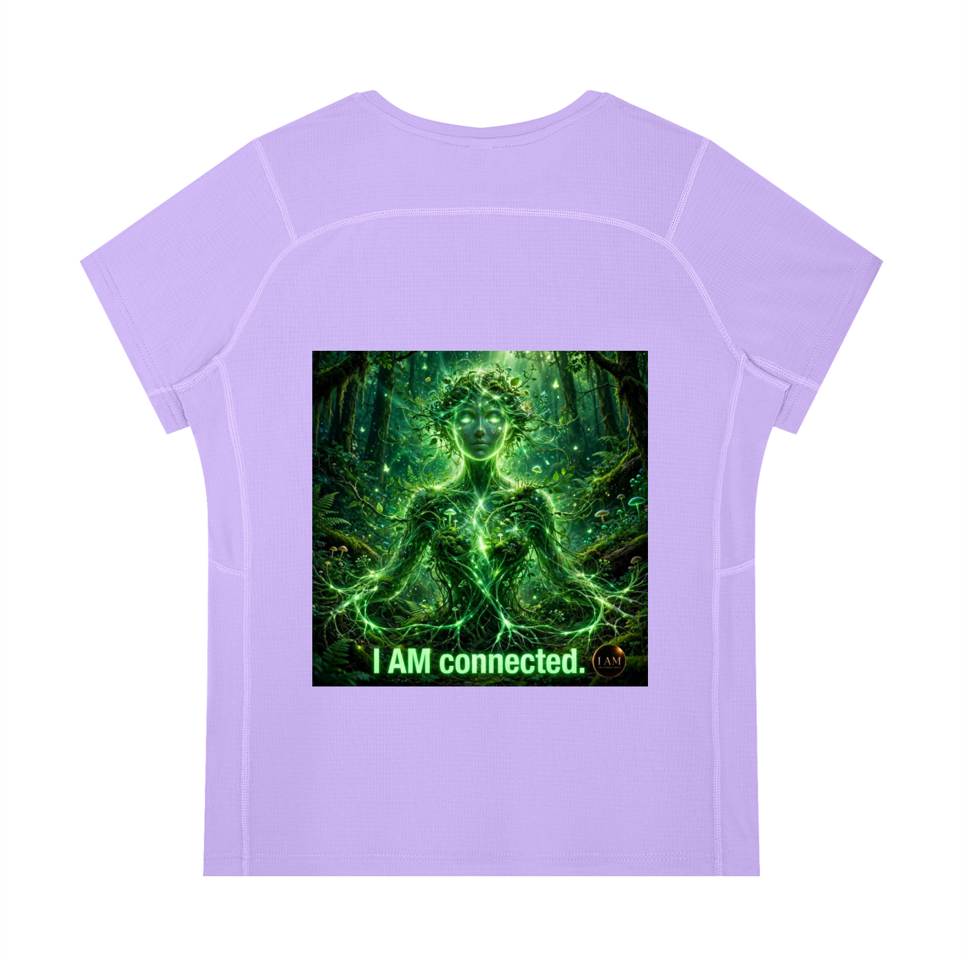 A light purple short-sleeve athletic t-shirt with a large green graphic print on the front showing a glowing meditating figure and the text 'I AM connected.'.