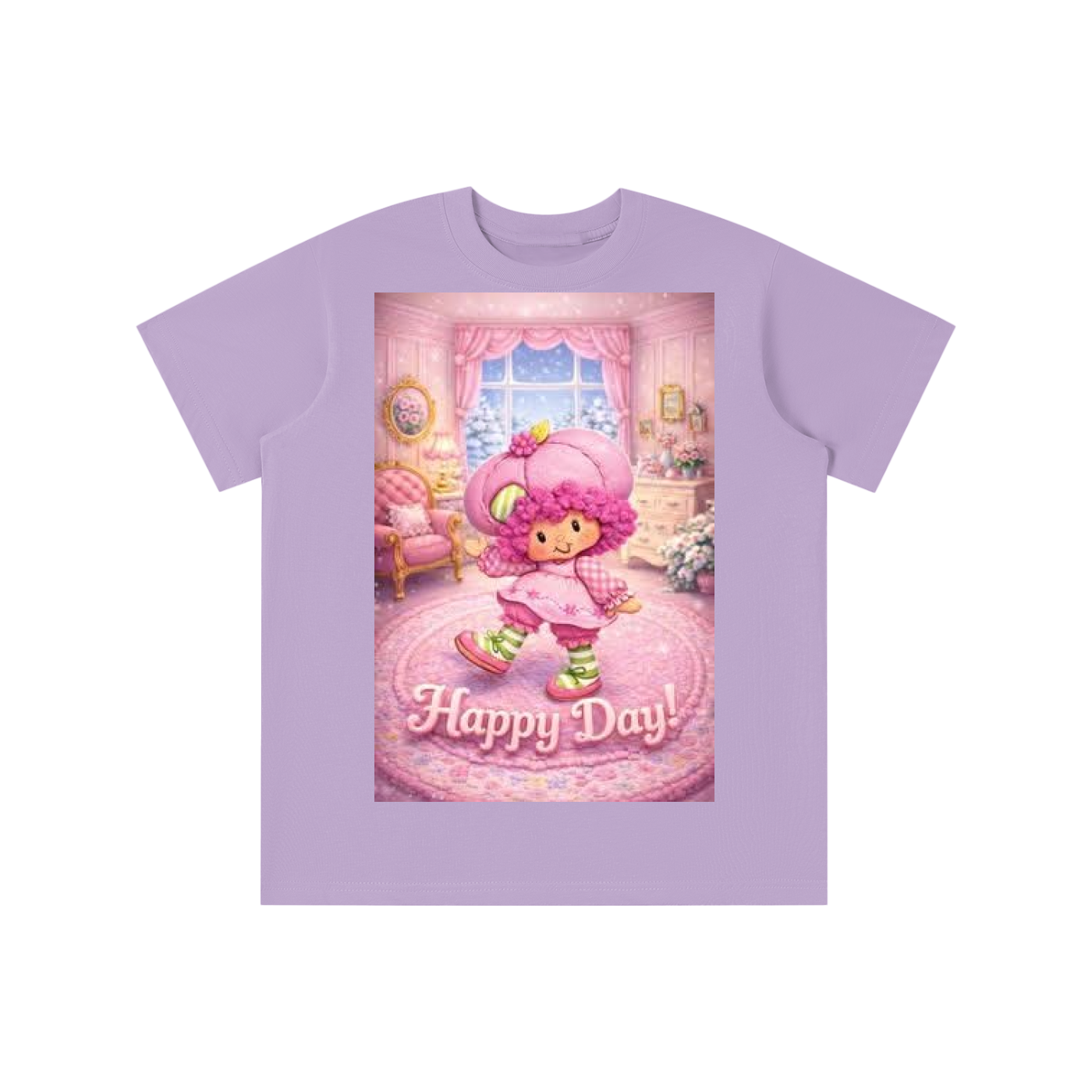 Purple t-shirt with a cartoon character and 'Happy Day!' text on a white background