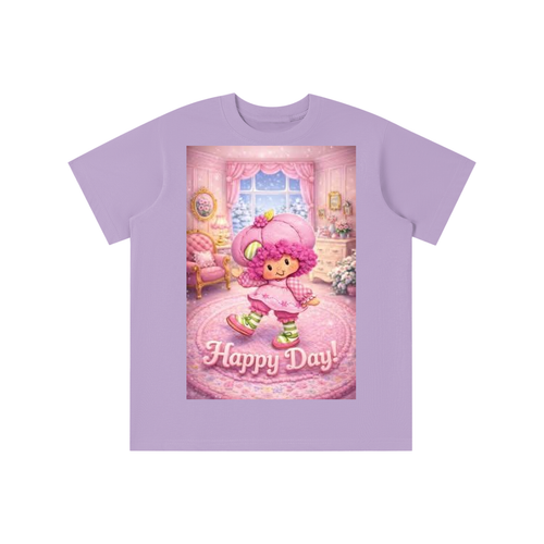 Purple t-shirt with a cartoon character and 'Happy Day!' text on a white background