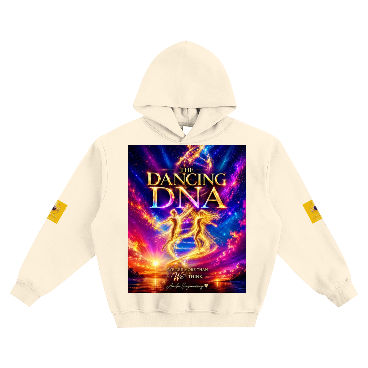 Beige hoodie with 'The Dancing DNA' graphic design on a white background