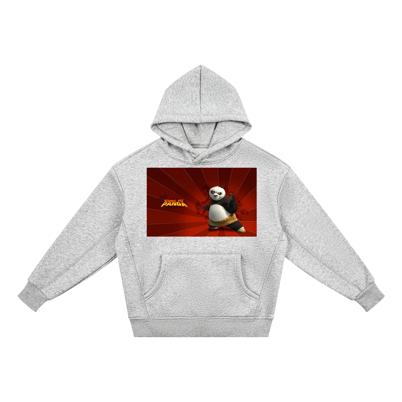 Gray hoodie with Kung Fu Panda graphic on a white background