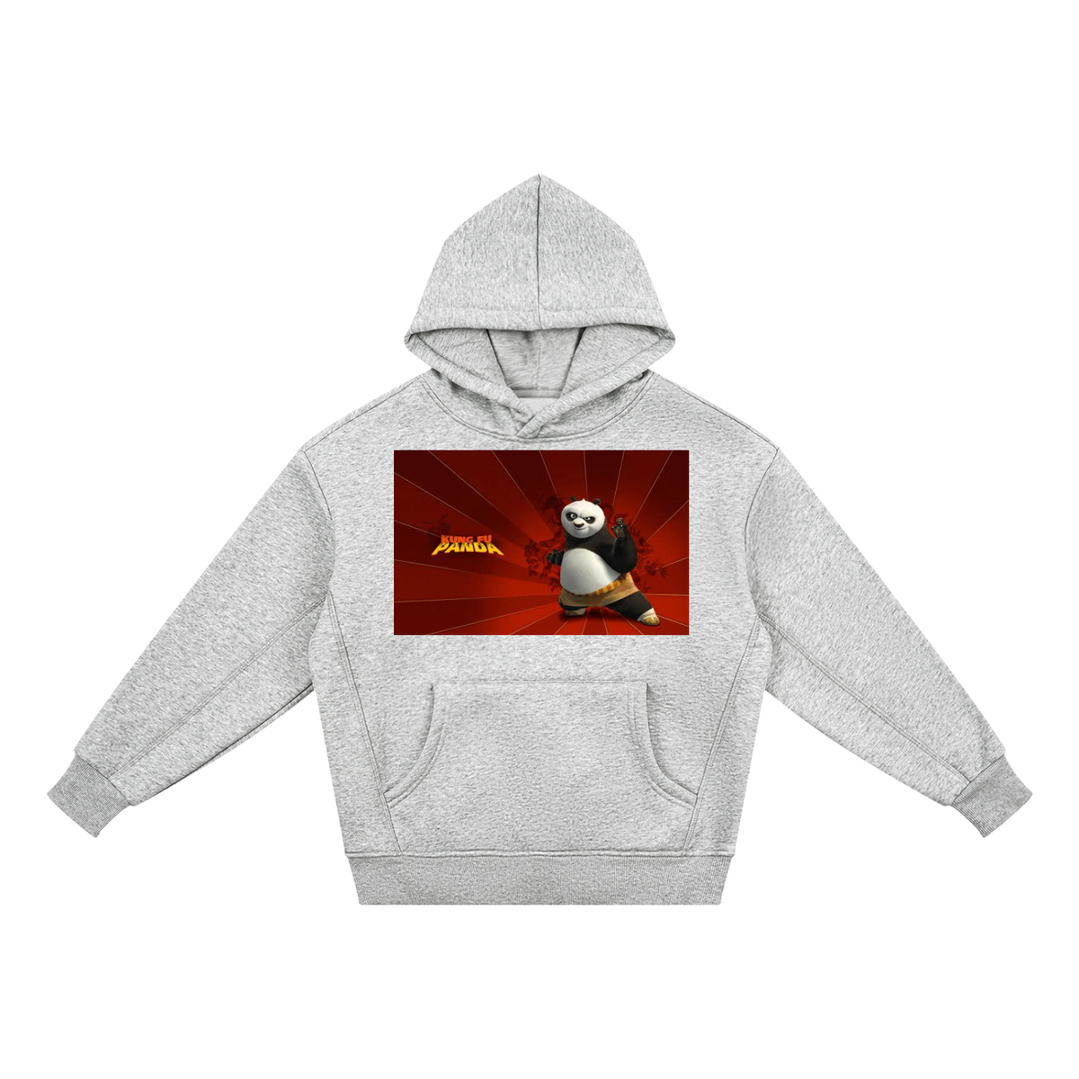 Gray hoodie with Kung Fu Panda graphic on a white background