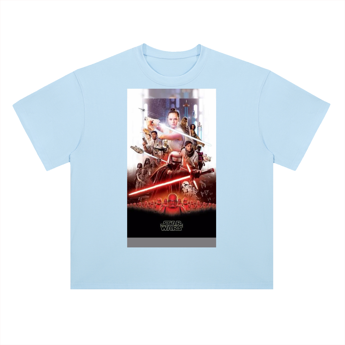 Light blue t-shirt with Star Wars movie poster design on a white background