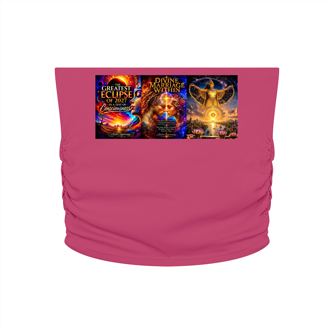 A bright pink strapless tube top featuring a wide rectangular graphic print across the chest with three cosmic and spiritual-themed album art designs.