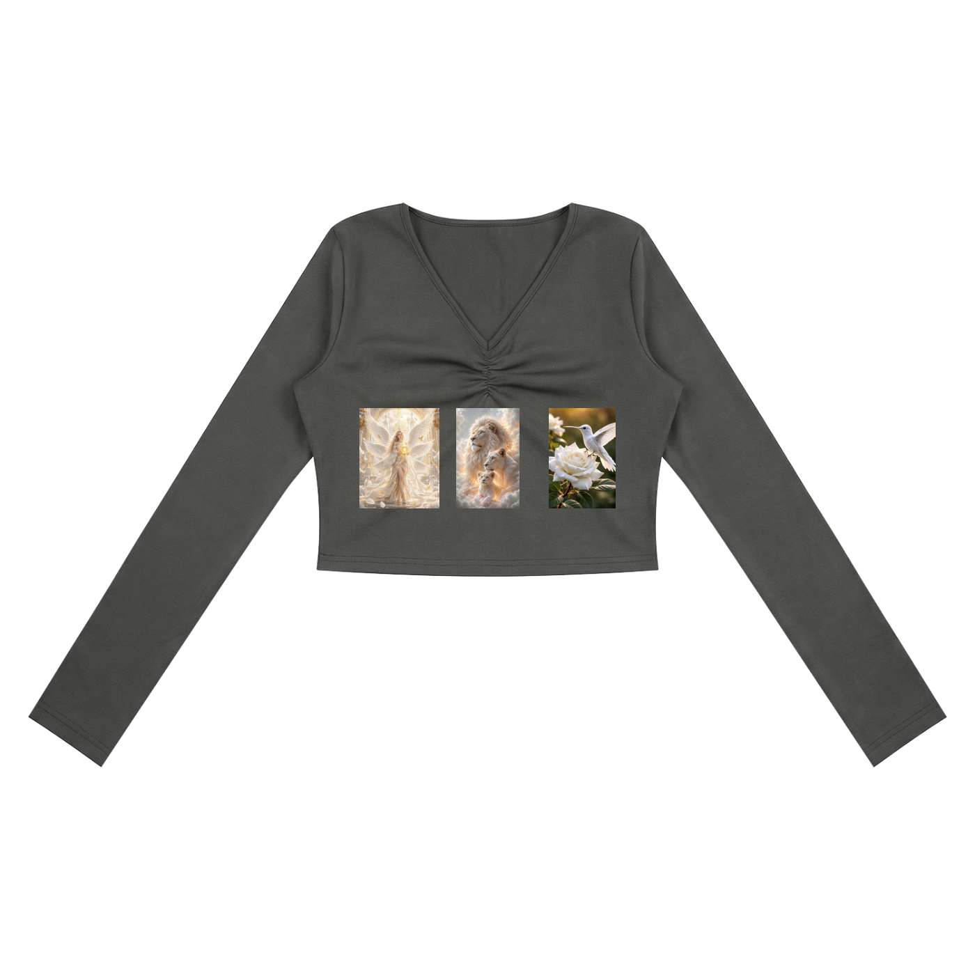 A dark gray long-sleeve crop top with a V-neck and a twisted front detail, featuring three small vertical art prints on the chest, displayed flat against a white background.