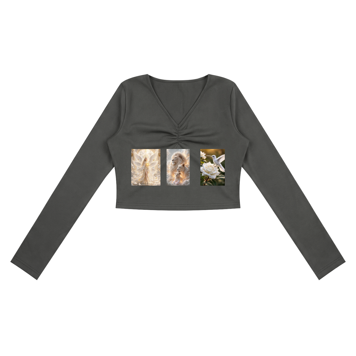 A dark gray long-sleeve crop top with a V-neck and a twisted front detail, featuring three small vertical art prints on the chest, displayed flat against a white background.