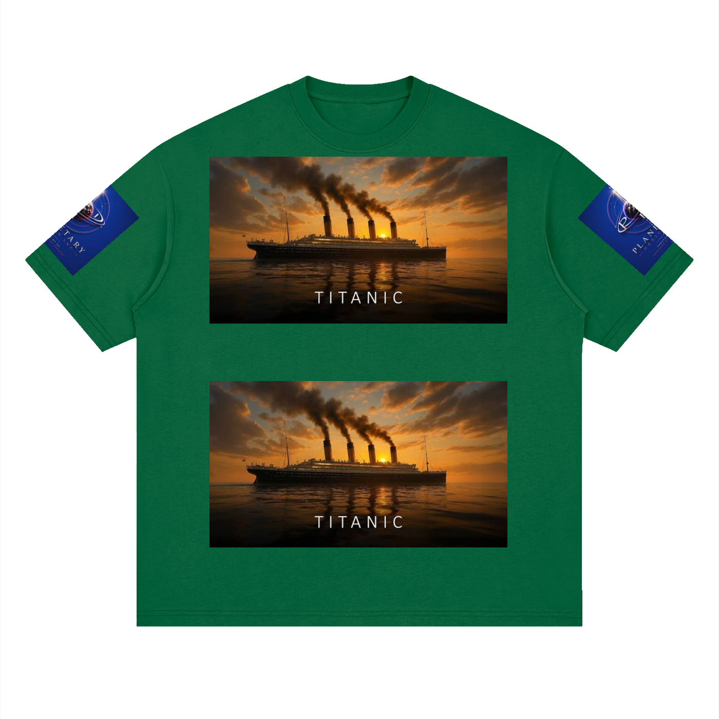 Green t-shirt with Titanic graphic on a white background