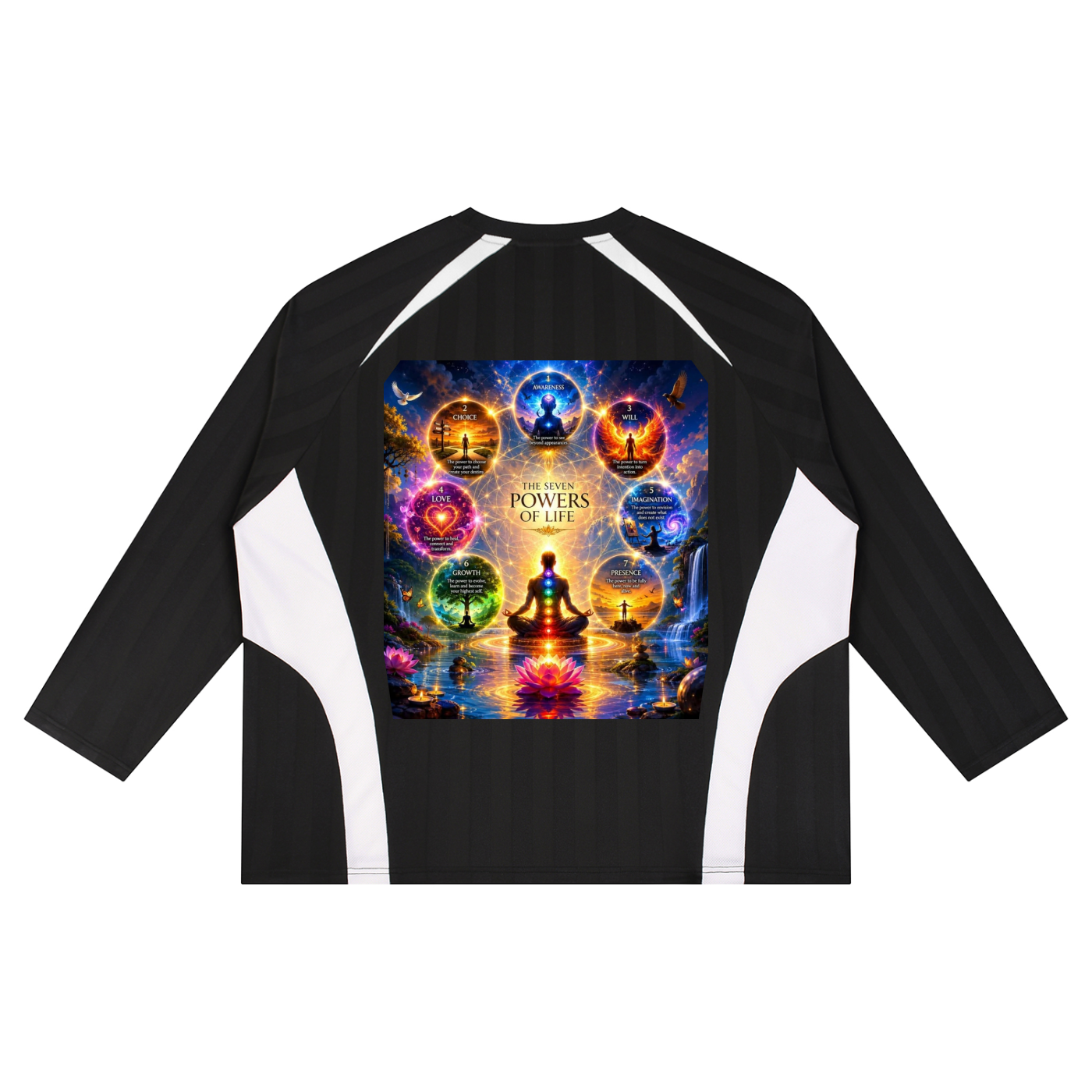 Black and white sports shirt with colorful graphic design on a white background