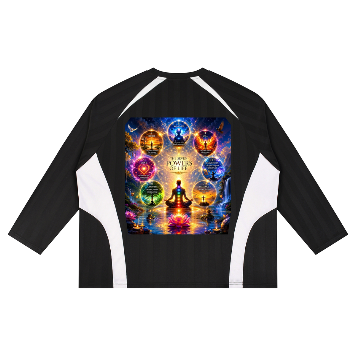 Black and white sports shirt with colorful graphic design on a white background