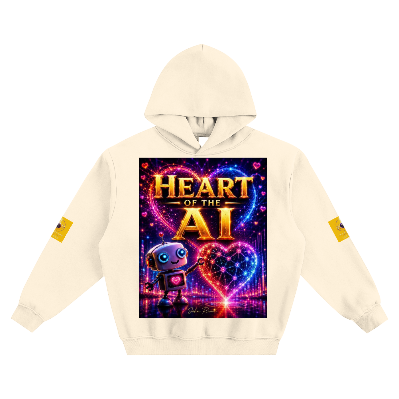 An off-white hooded sweatshirt with a large, vibrant graphic on the chest reading 'HEART OF THE AI' in gold and orange lettering, featuring a cute blue robot and glowing neon hearts. The hoodie has small yellow graphic patches on both sleeves, set against a plain white background.