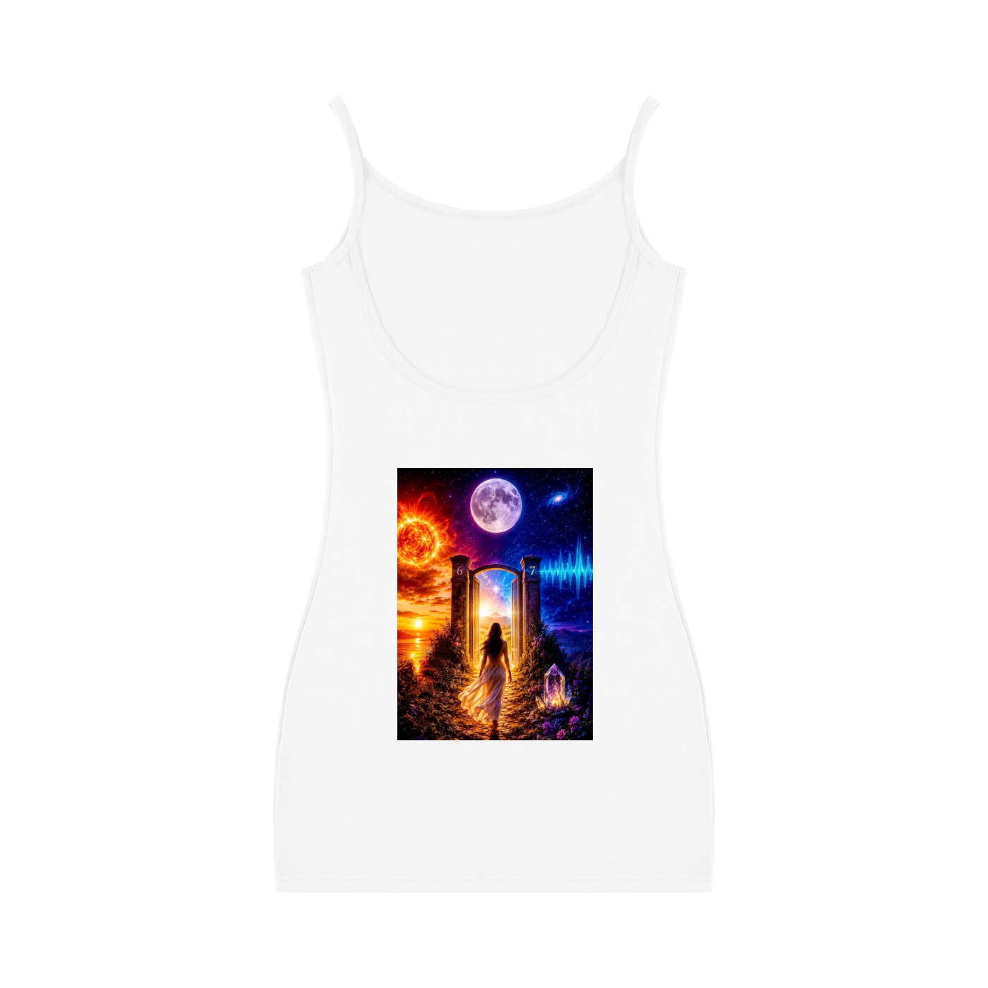 A white spaghetti-strap tank top featuring a colorful rectangular graphic print on the front, set against a plain white background.