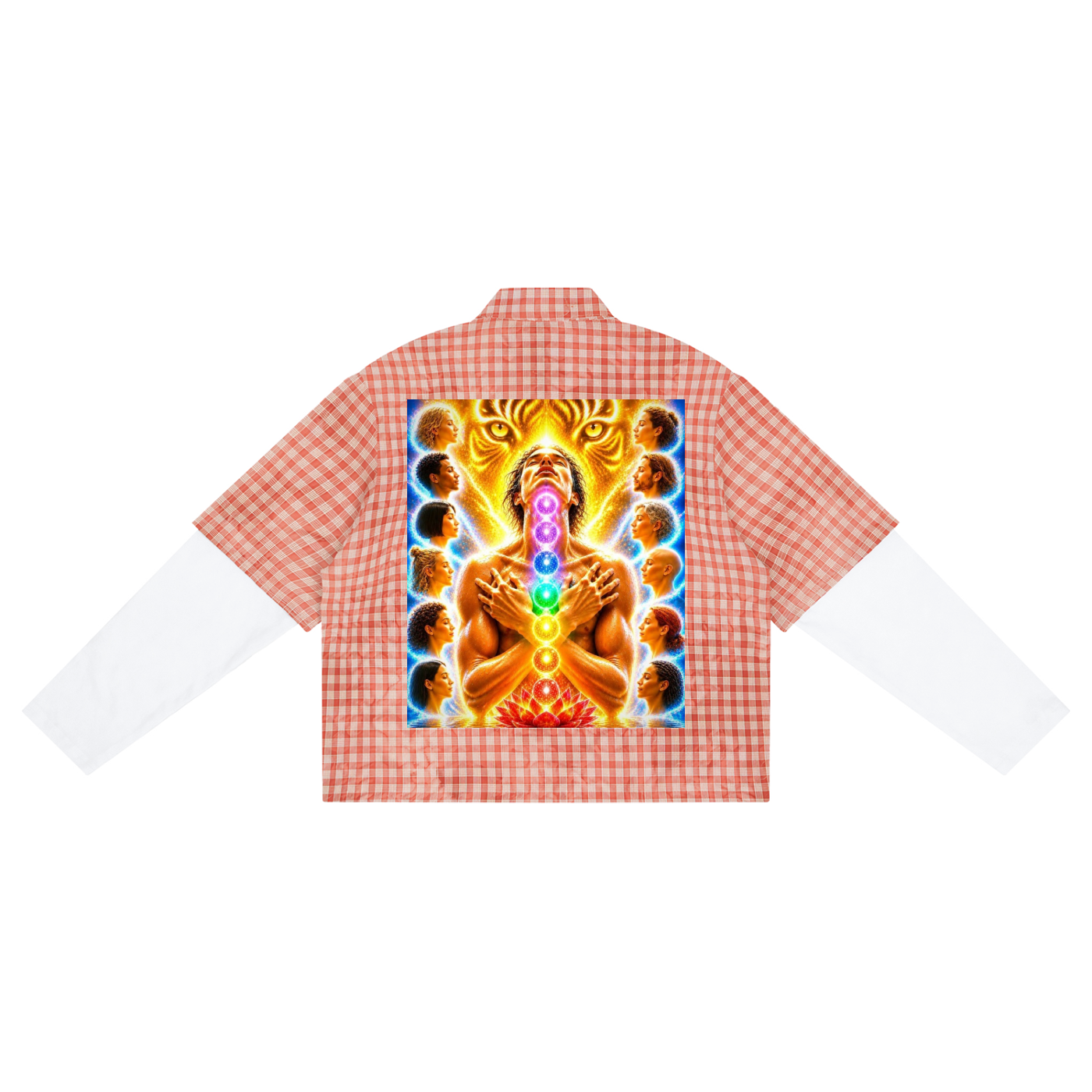 A short-sleeve collared shirt with a red and white gingham pattern, featuring a large, vibrant graphic print on the back depicting a meditating figure with a rainbow chakra and a tiger head. The sleeves are solid white.