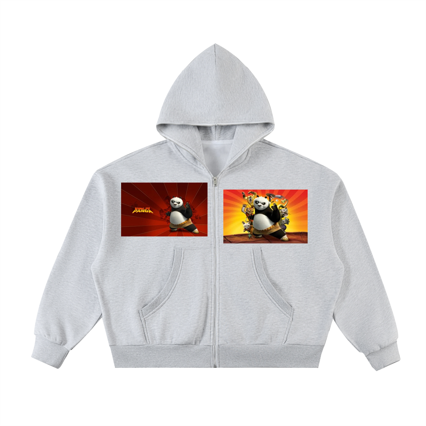 Gray hoodie with Kung Fu Panda graphics on a white background