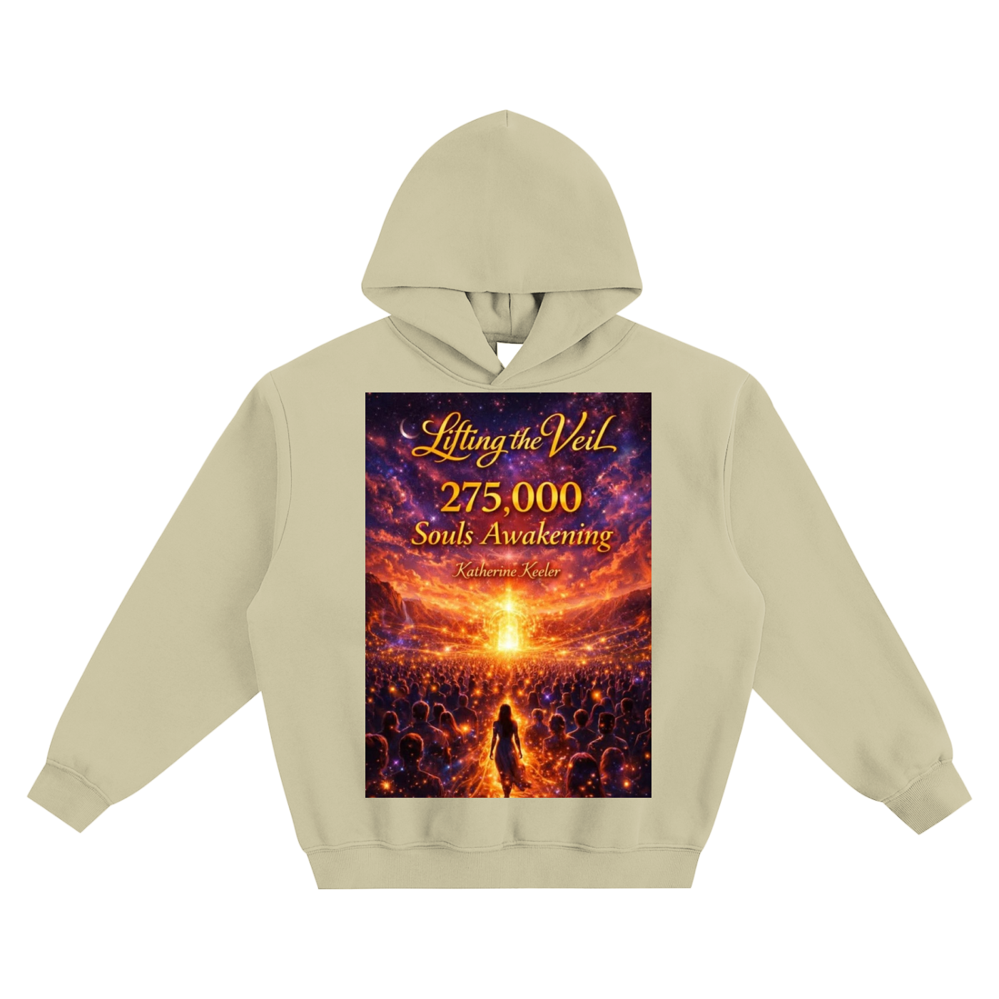 Beige hoodie with a graphic design on the front featuring text and a silhouette of a person.