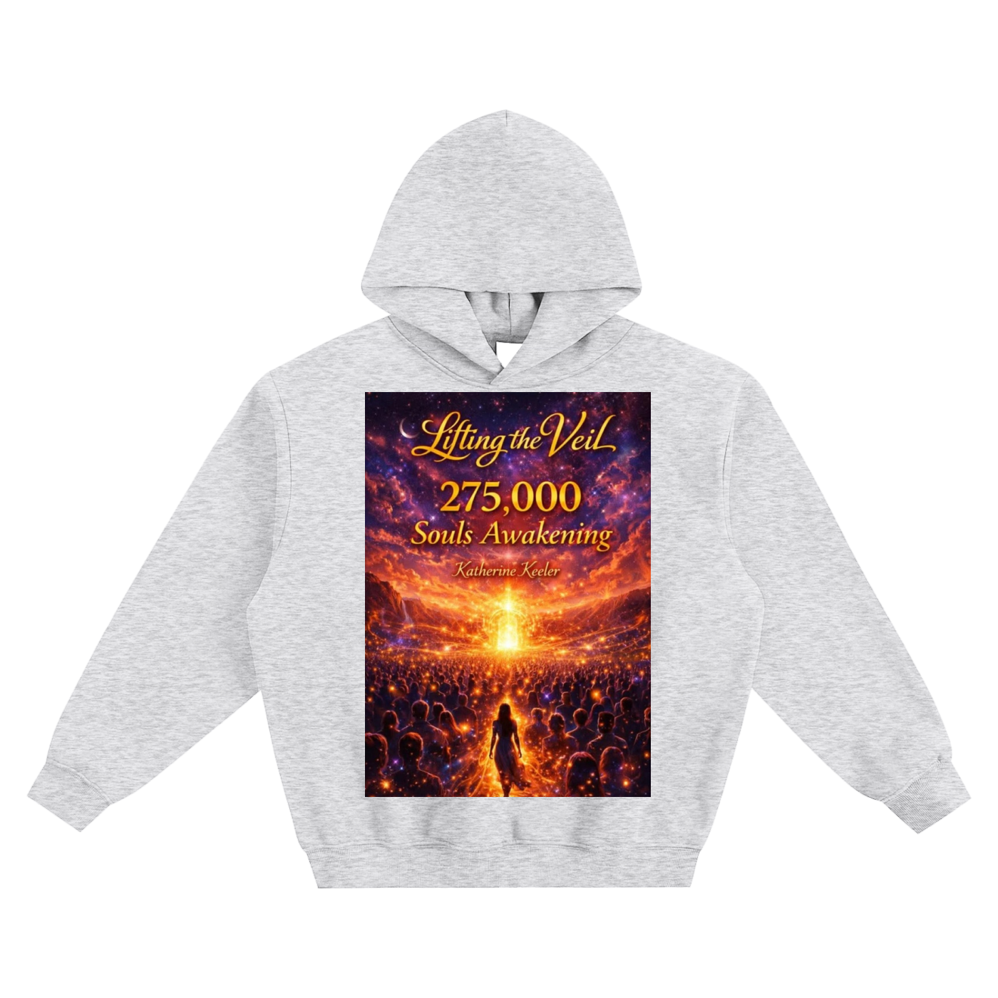Gray hoodie with a book cover design on a white background