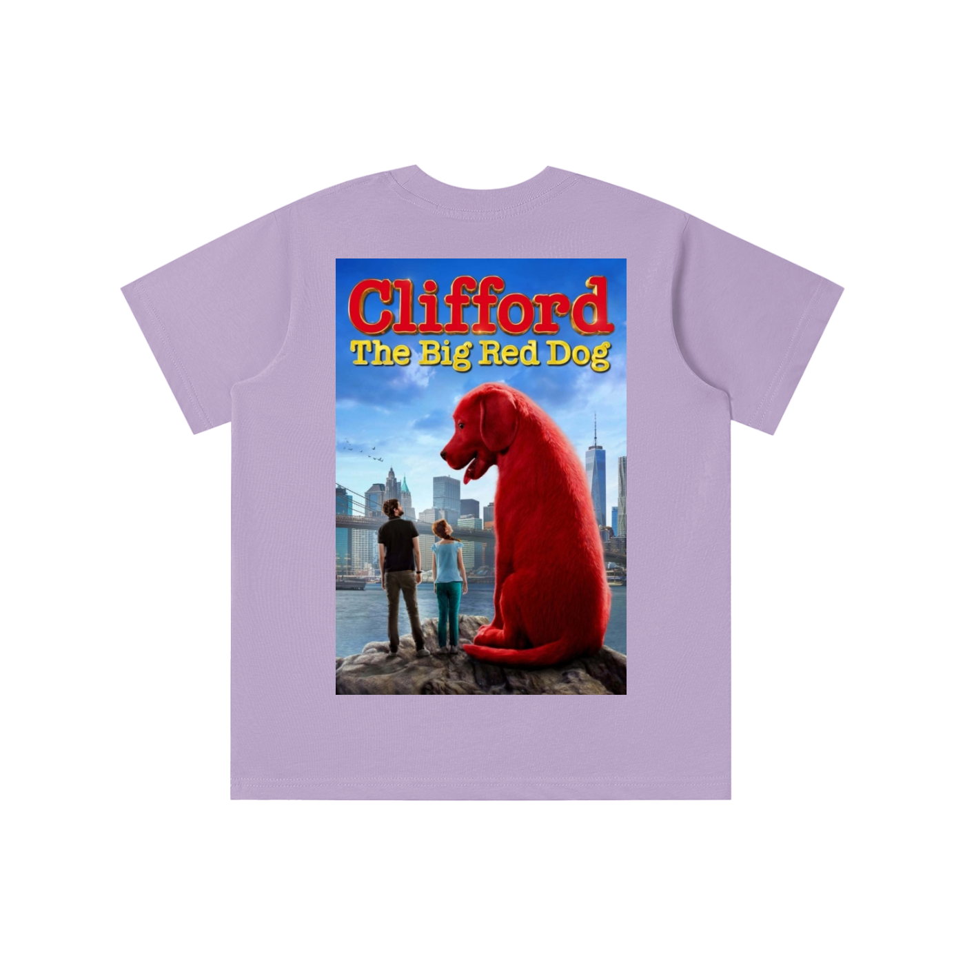 Purple t-shirt with 'Clifford the Big Red Dog' graphic on a white background