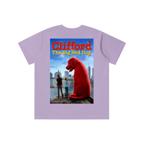 Purple t-shirt with 'Clifford the Big Red Dog' graphic on a white background