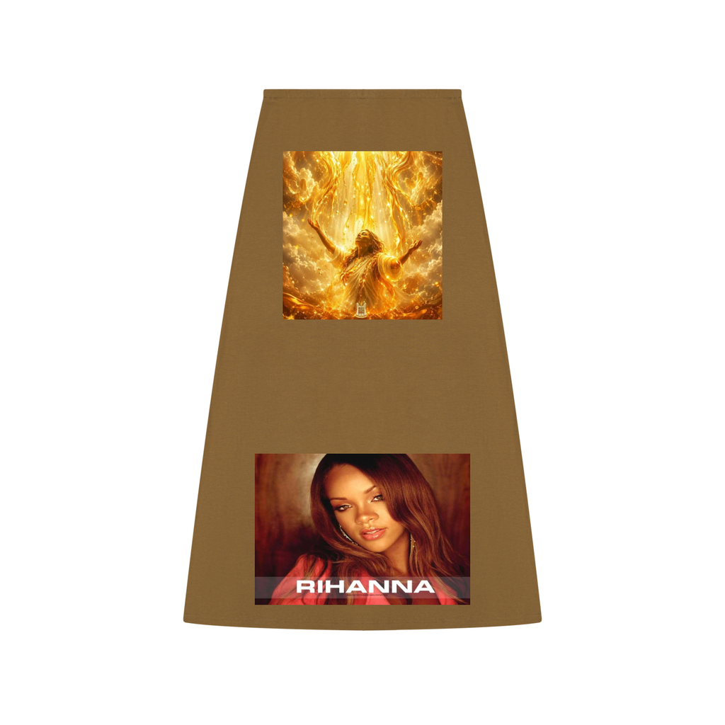 Brown skirt with two images on it, one of a person in flames and another of Rihanna.