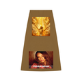 Brown skirt with two images on it, one of a person in flames and another of Rihanna.