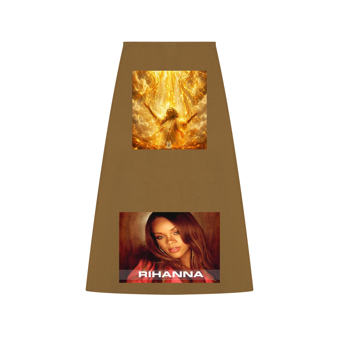 Brown skirt with two images on it, one of a person in flames and another of Rihanna.