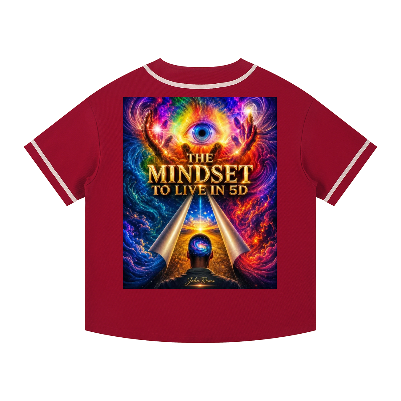 A red short-sleeve t-shirt with white trim on the collar and sleeves, featuring a large colorful graphic print on the front with an eye, glowing hands, and the text 'THE MINDSET TO LIVE IN 5D'.