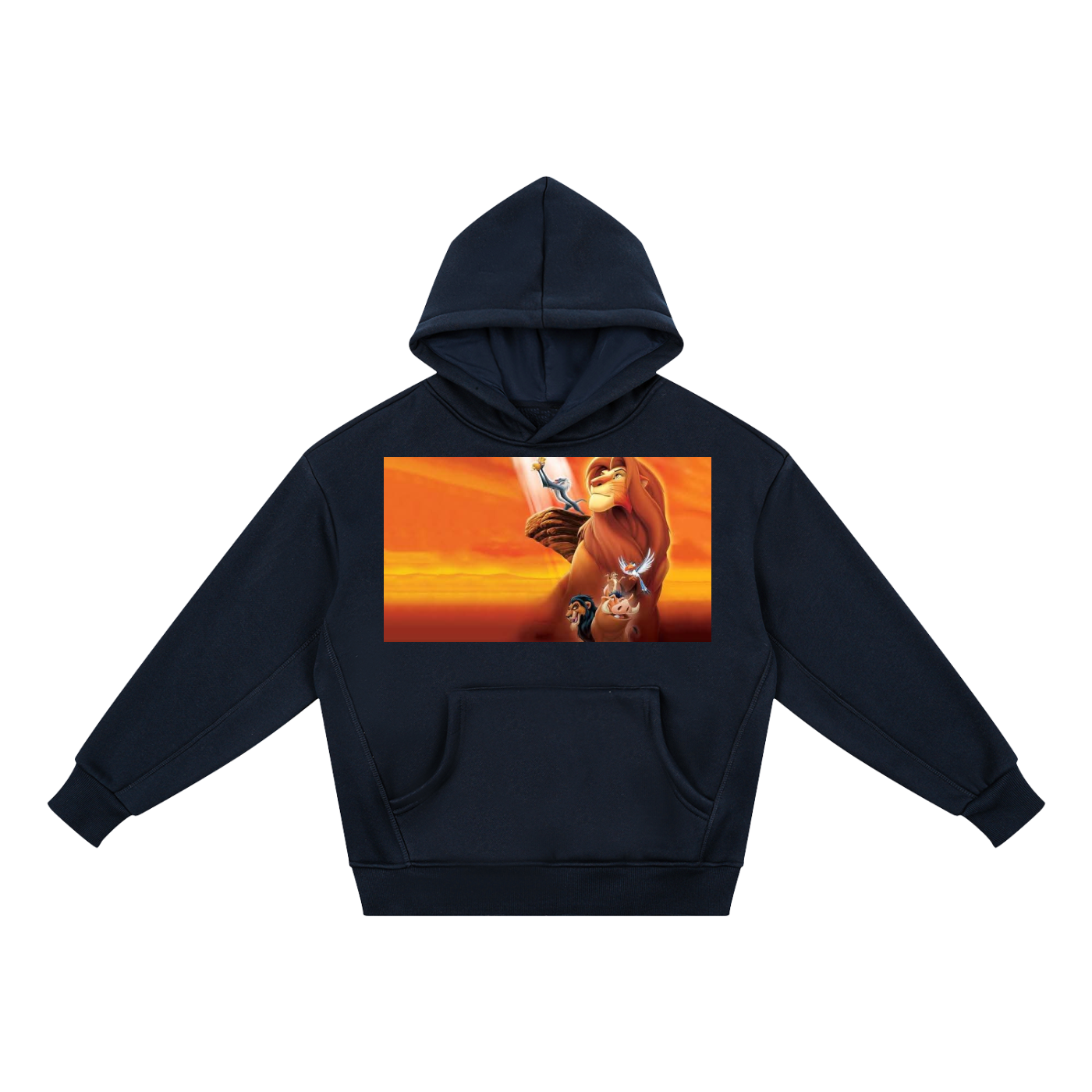 Black hoodie with a graphic of a lion and cub on a white background