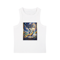 A white sleeveless tank top with a colorful graphic print on the front. The graphic features a fantasy illustration of a glowing angel figure surrounded by stars and the text 'YOU'RE DESIGNED TO BECOME MULTI-MILLIONAIRE'.