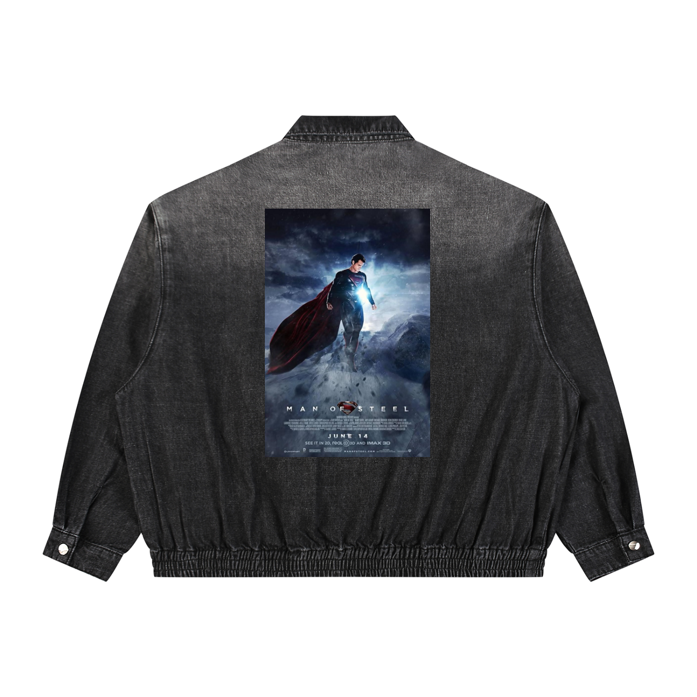 Black denim jacket with a superhero movie poster on the back against a white background