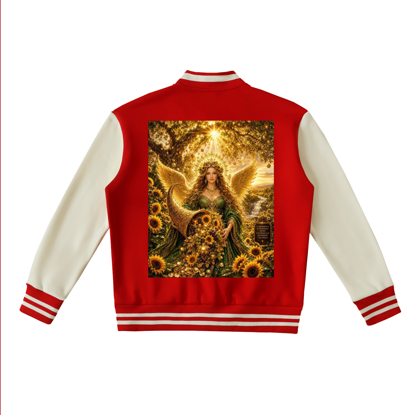 A red and cream varsity-style jacket shown from the back, featuring a large graphic print of a golden sunflower and angel on the back panel.