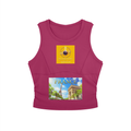Pink tank top with a yellow square and a smaller square featuring the Eiffel Tower and 'France' text on a white background.