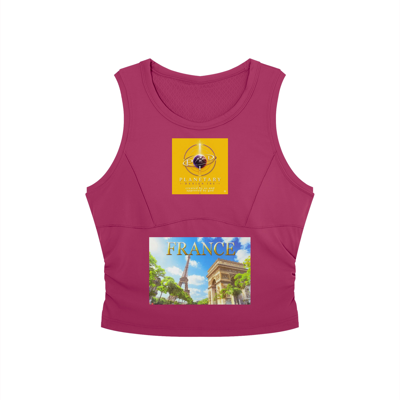 Pink tank top with a yellow square and a smaller square featuring the Eiffel Tower and 'France' text on a white background.