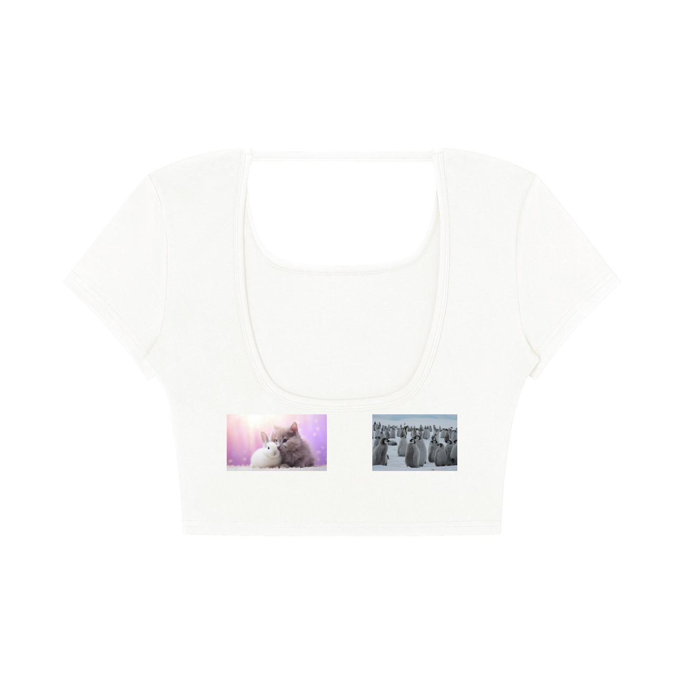 A white short-sleeve crop top with a square neckline, featuring two small rectangular graphic prints on the front chest. The left print shows a pink-toned kitten, and the right print shows a black-and-white group of cats.