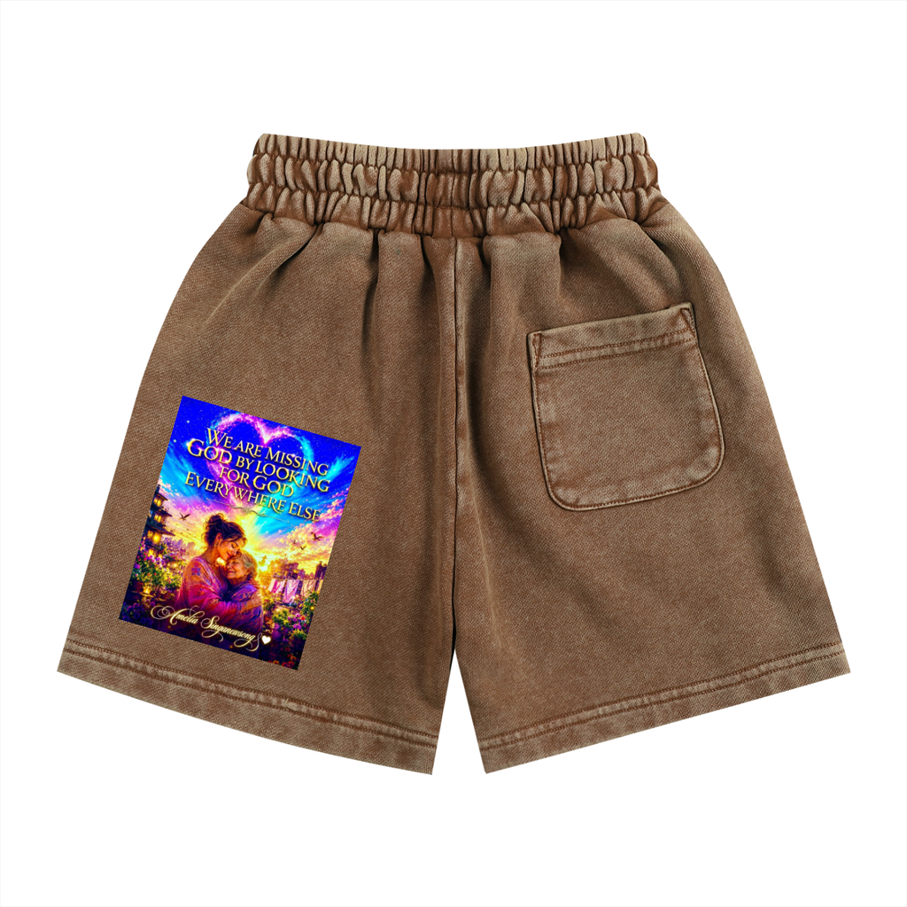 Brown shorts with a colorful graphic on a white background