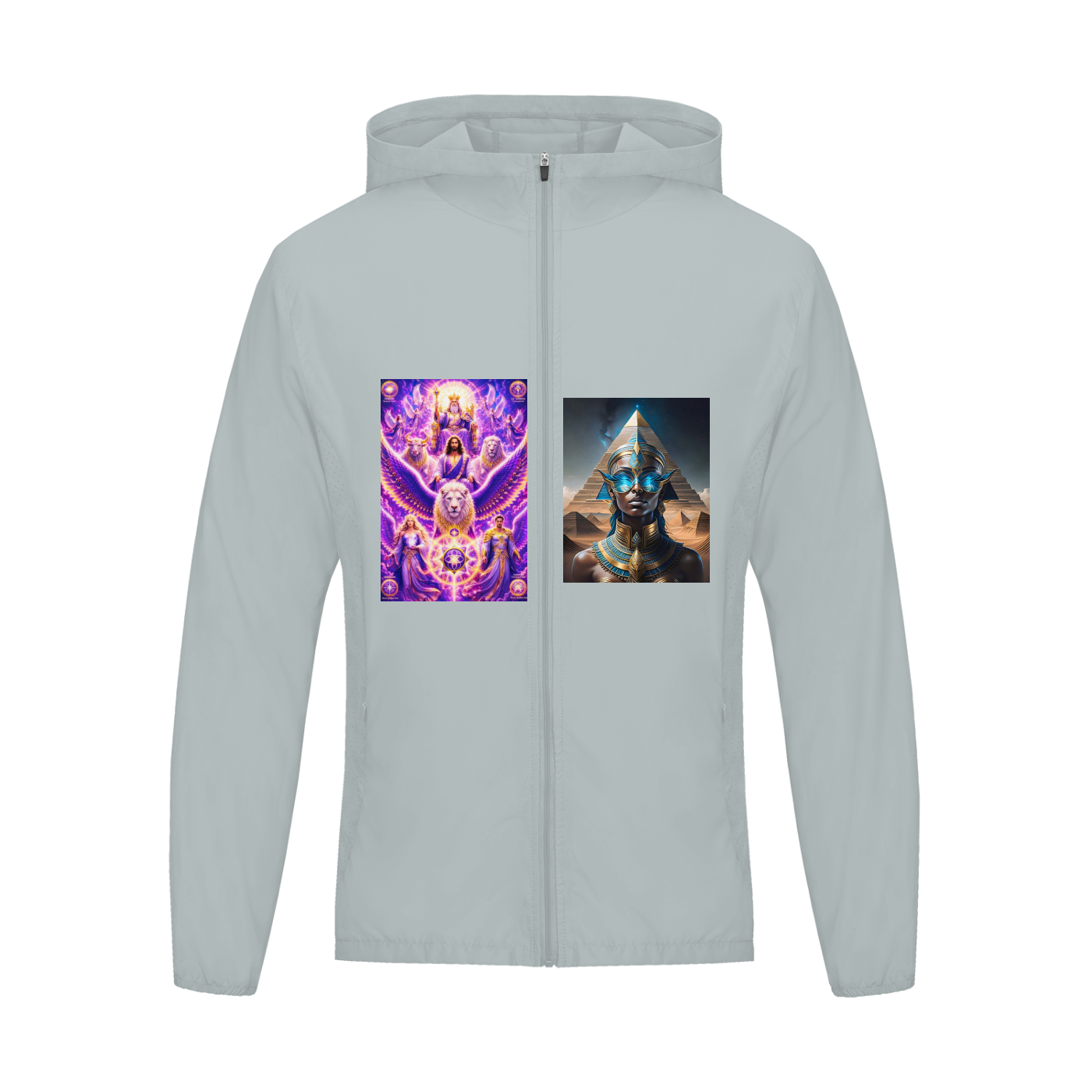 Light gray hoodie with two graphic designs on the front, one on each side.