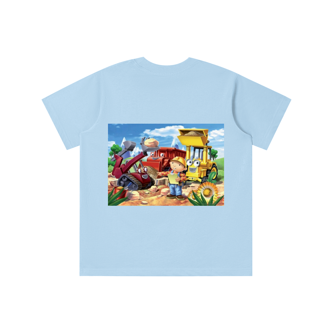 Light blue t-shirt with a cartoon design of a child and construction vehicles on a white background