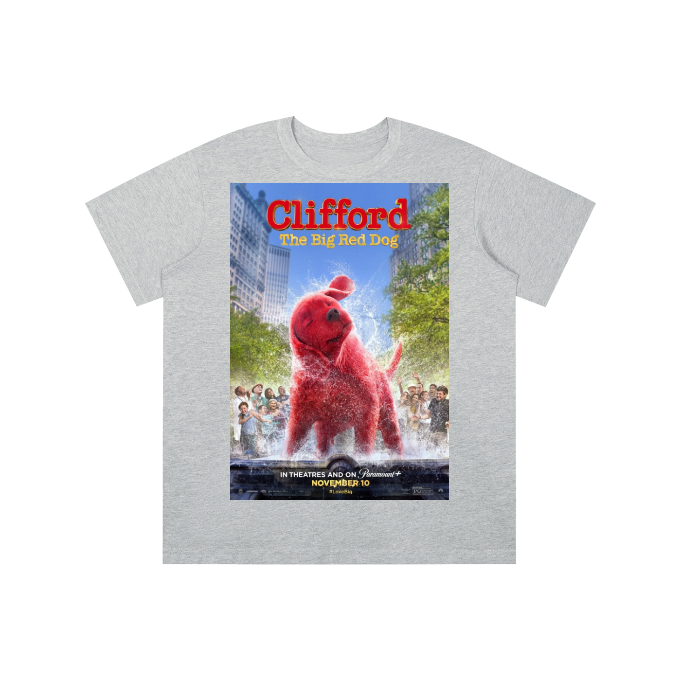 Gray t-shirt with Clifford the Big Red Dog graphic on a white background