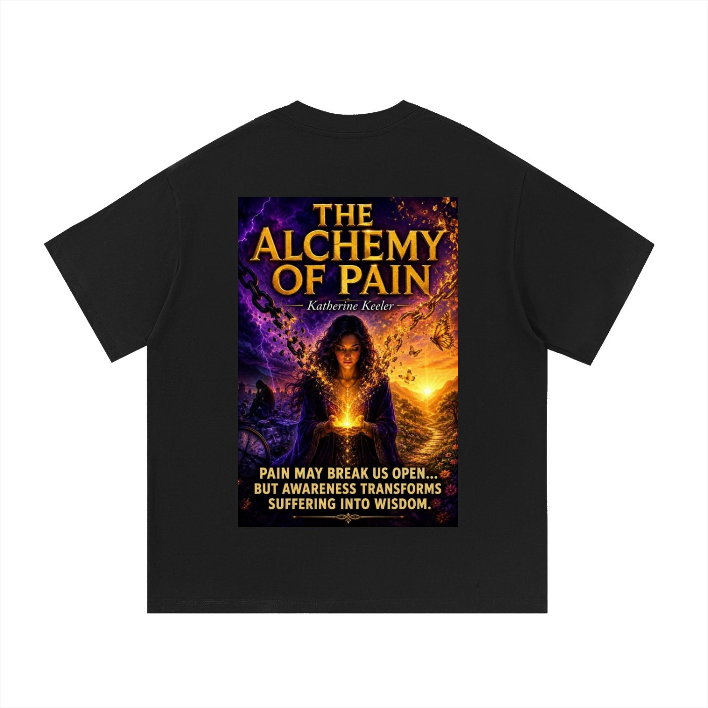 Black t-shirt with 'The Alchemy of Pain' book cover graphic on a white background