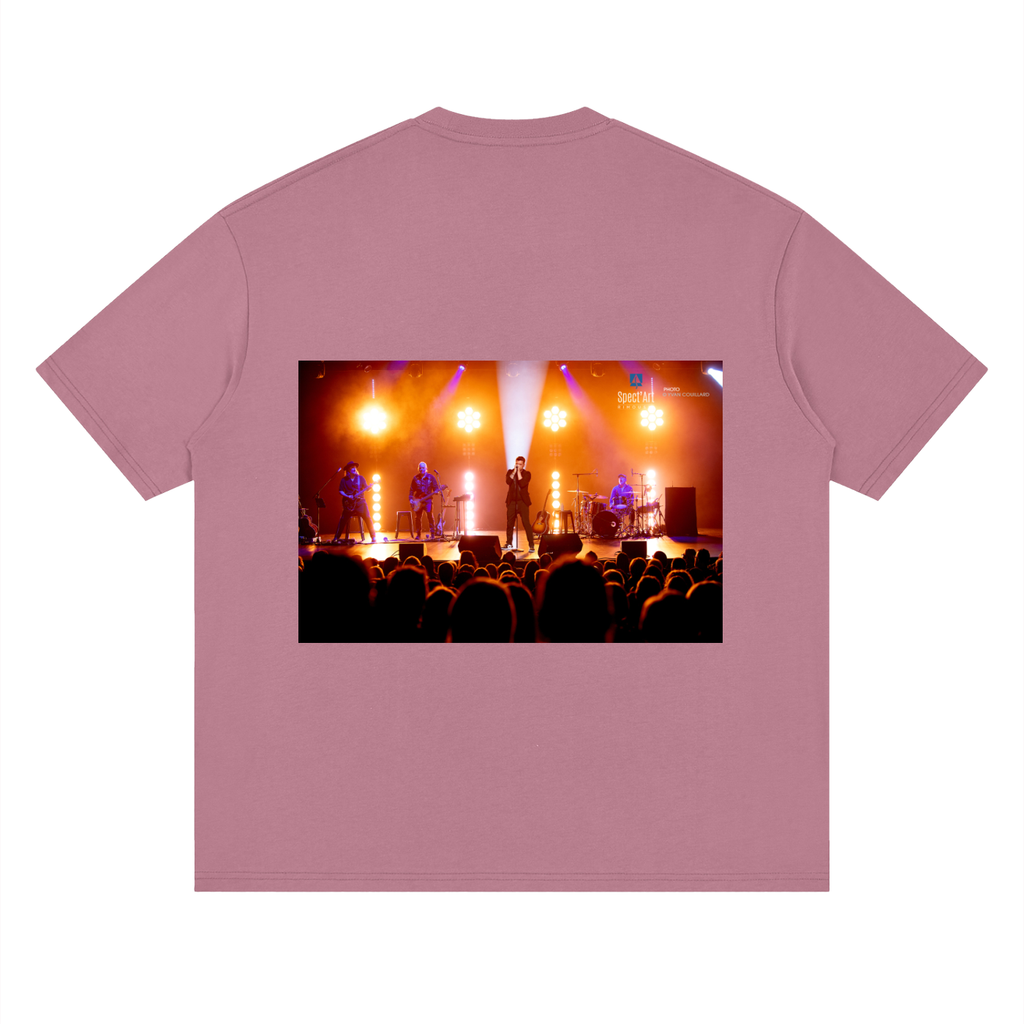 Pink t-shirt with a printed design of a concert on the back